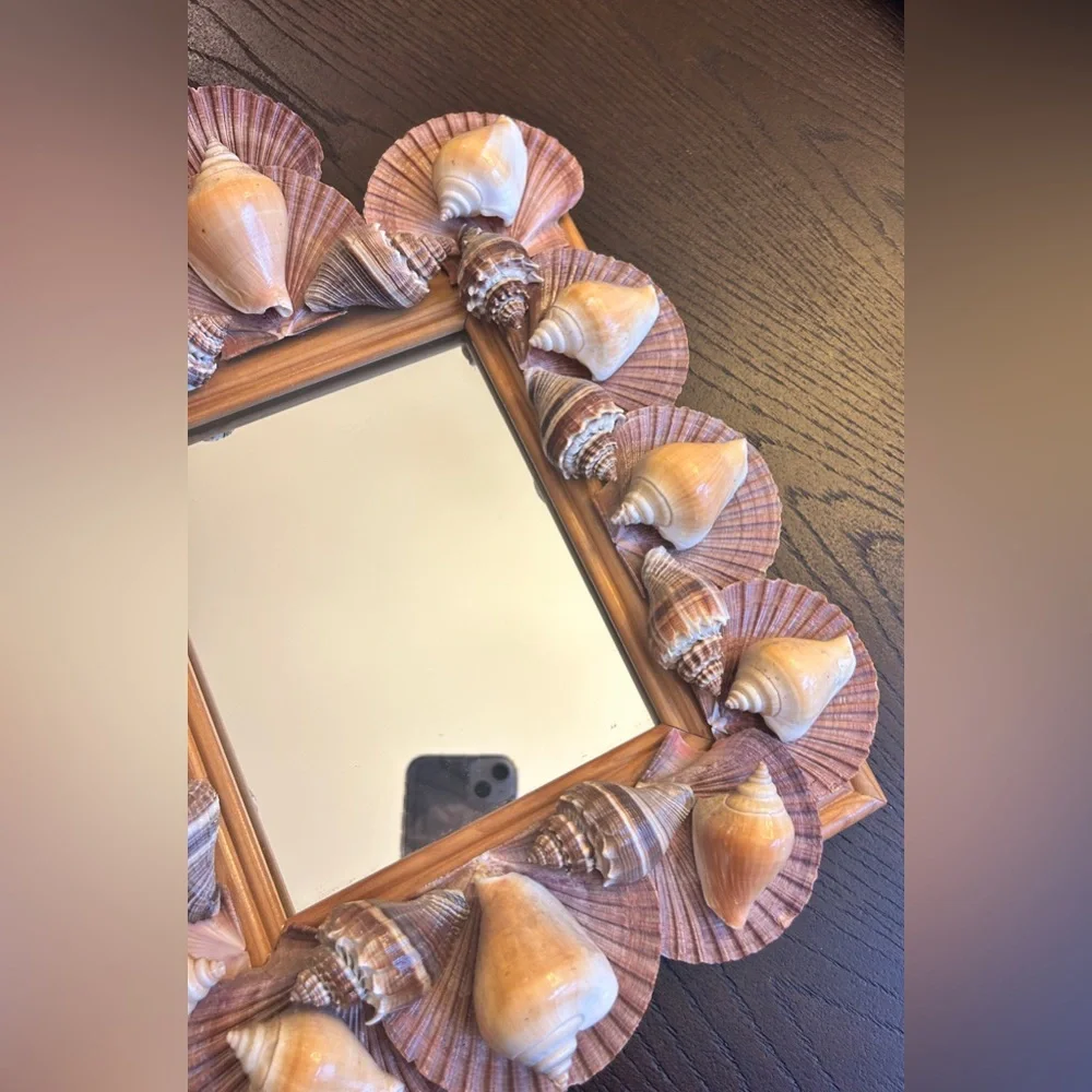 Vintage Mermaid-core Rectangular Wall Hanging Mirror Shells Over Wood Frame